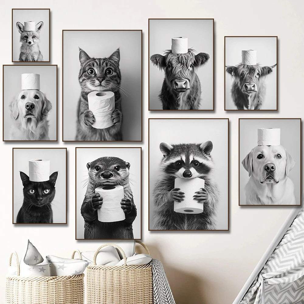 Home Bathroom Toilet - Hooglandkoe Otter Kat Wasbeer met Toiletpapier
