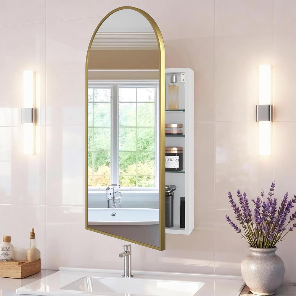 Home Bathroom Mirror - Luxueus gebogen gouden badkamermedicijnkastje met spiegel,